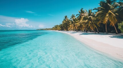 A tropical beach with crystal-clear turquoise waters, palm trees swaying in the breeze, and white sand stretching out into the distance under a cloudless sky.