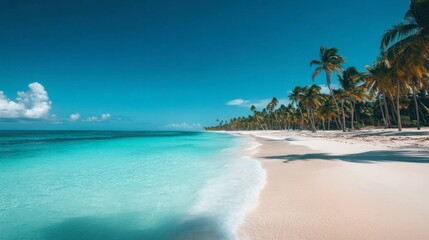 Fototapeta premium A tropical beach with crystal-clear turquoise waters, palm trees swaying in the breeze, and white sand stretching out into the distance under a cloudless sky.
