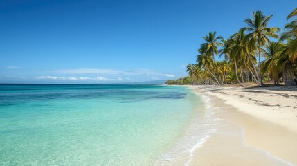 A tropical beach with crystal-clear turquoise waters, palm trees swaying in the breeze, and white sand stretching out into the distance under a cloudless sky.