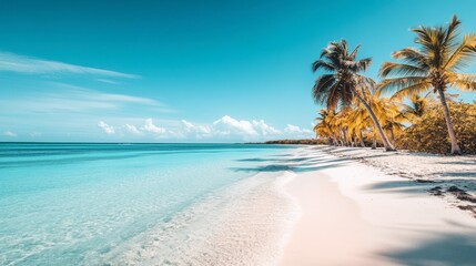 Fototapeta premium A tropical beach with crystal-clear turquoise waters, palm trees swaying in the breeze, and white sand stretching out into the distance under a cloudless sky.