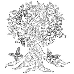Fototapeta premium Tree and butterfly hand drawn for adult coloring book