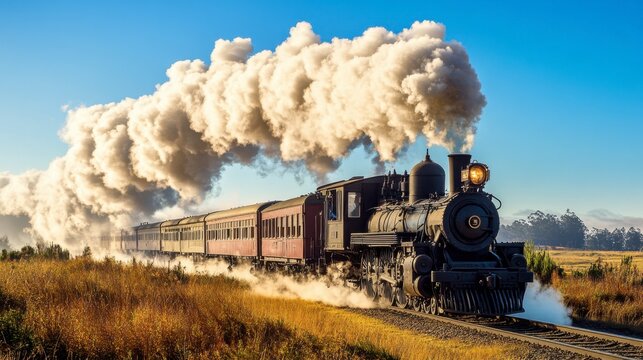 A vintage steam locomotive chugging along a rural track, with thick clouds of white smoke billowing from the chimney against a clear blue sky.