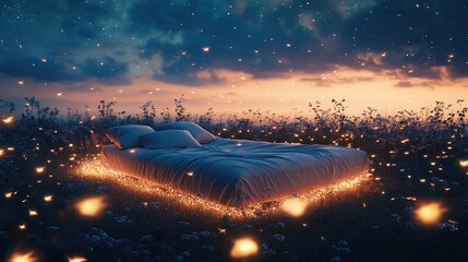 A surreal and dreamy scene featuring a neatly made bed with white sheets situated in the middle of a grassy field or meadow. The grass and surrounding plants are softly illuminated by a multitude of g
