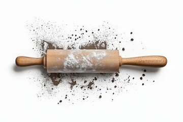 Wooden rolling pin with flour and cocoa powder dust, perfect for baking and cooking enthusiasts in a clean kitchen setting.