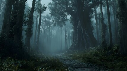 Obraz premium A misty forest path winds through tall trees and dense foliage.