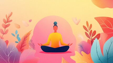 A serene woman meditation in a vibrant, colorful environment filled with leaves.