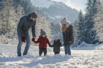 Happy young family having fun, playing in the snow together