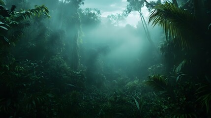 A mysterious and dense jungle with light shining through the canopy and fog filling the air.