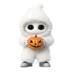 A cute white creature holding a jack-o'-lantern, perfect for Halloween-themed decorations and festive celebrations.