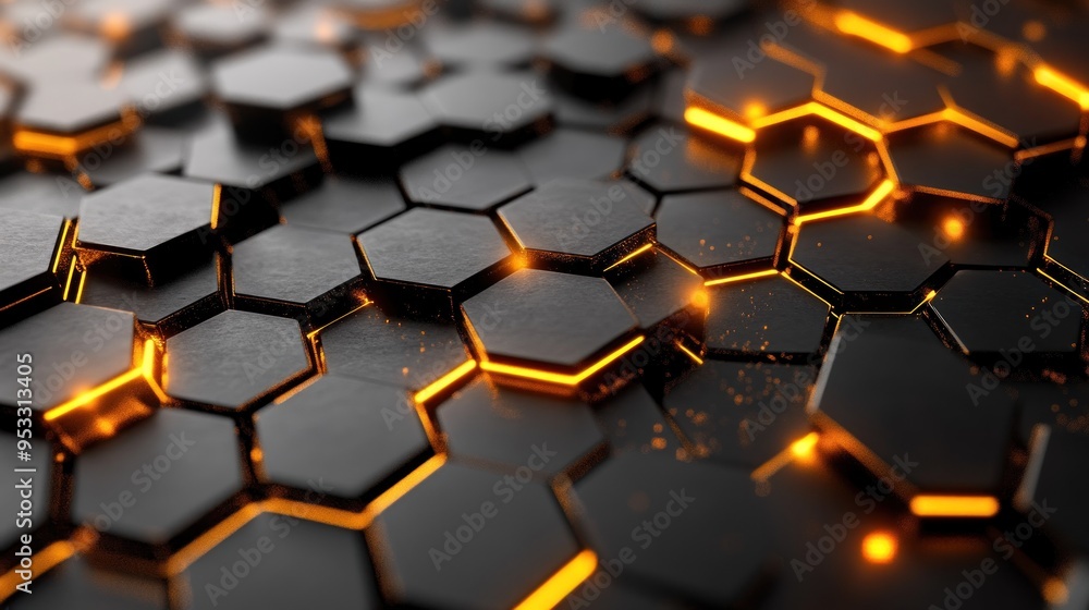 Poster abstract hexagon pattern with glowing orange lines