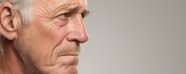 Obraz premium Thoughtful elderly man in profile with deep wrinkles and expression of contemplation against a neutral background