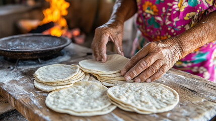 A woman is making tortillas in front of a fire