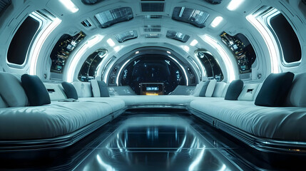 Futuristic spaceship interior with large windows showing a starry sky and a city in the distance.