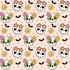 Fototapeta premium Groovy Retro Halloween Seamless skulls Pattern Lined Doodle Background Funky Design