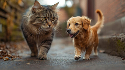 A cat swatting gently at a dog wagging tail, showing the playful curiosity and mutual engagement between the two animals.