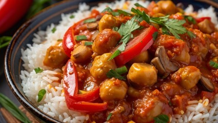 A dish of Indian cuisine. Chana Masala with rice and mushrooms.