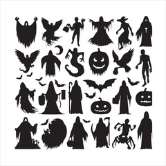 Ghost halloween horror silhouettes set, large pack of silhouette white background
