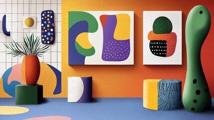 Vibrant abstract interior featuring colorful wall art, unique decor, and playful shapes creating an artistic atmosphere.