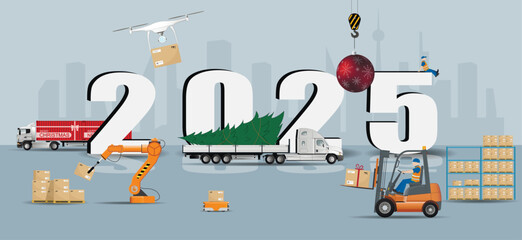 New Year's bustle for the delivery of New Year's goods in the New Year 2025. Warehouse, logistics, delivery. Vector.