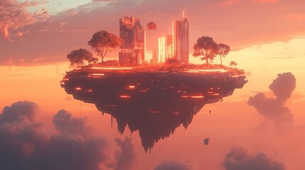 A floating island in the sky, illuminated by a warm, orange sunset. The island features futuristic skyscrapers and lush green trees scattered around. Beneath the floating island, there is glowing oran