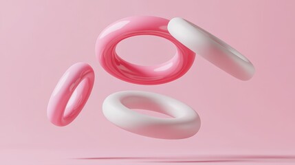 Floating Pink and White Rings in Minimalistic Pastel Background