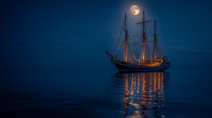Obraz premium A tranquil sailing ship illuminated by a full moon over calm waters, creating a serene and picturesque nocturnal scene.