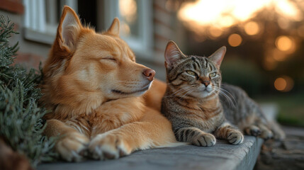 A dog and cat basking in the sun on a porch or in a yard, highlighting the contentment and relaxation of pets enjoying nature.