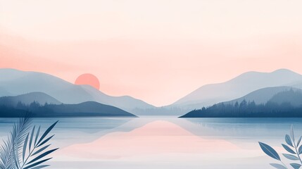Fototapeta premium Serene landscape with soft blue hills, a tranquil lake, and a gentle sunset glow.