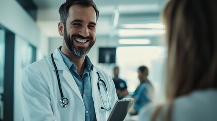Friendly Doctor Monitoring Patient's Health in Bright Modern Clinic with Vital Sign Equipment