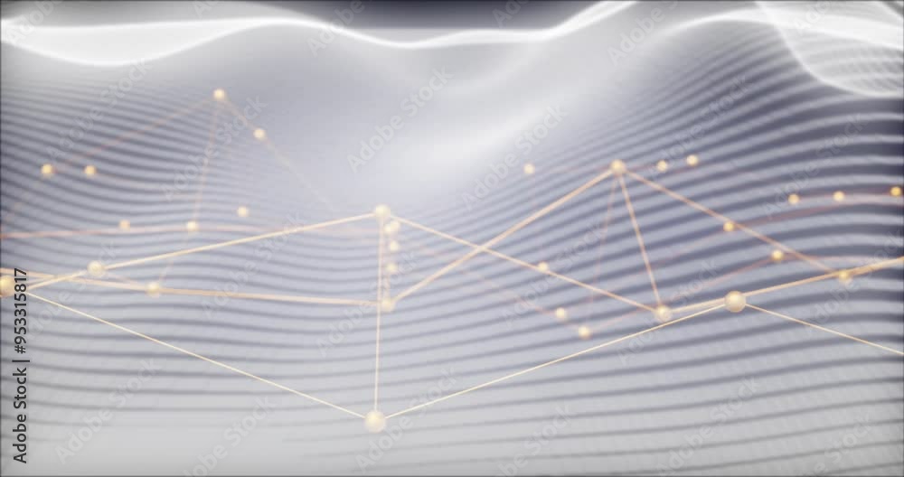 Poster network of connections and data processing animation over wavy lines background