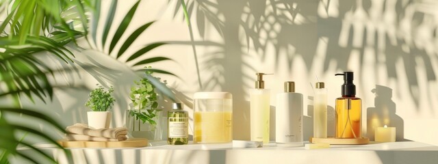Natural skincare products displayed on a sunlit table with greenery