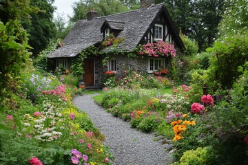 A charming cottage surrounded by vibrant flowers and lush greenery. A peaceful garden path leads to the door. This style embodies rustic beauty and tranquility. Generative AI