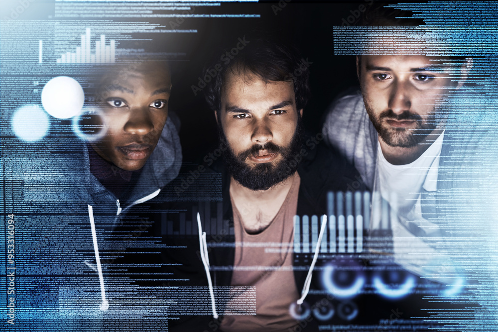 Poster Business people, data and night with overlay for future development, analytics or statistics at office. Group of young developers working late on futuristic technology for graph, chart or coding