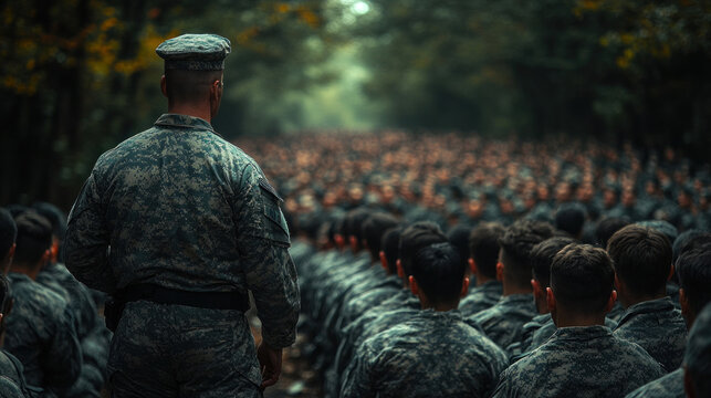 A drill sergeant instructing new recruits, capturing the rigor of military training programs.