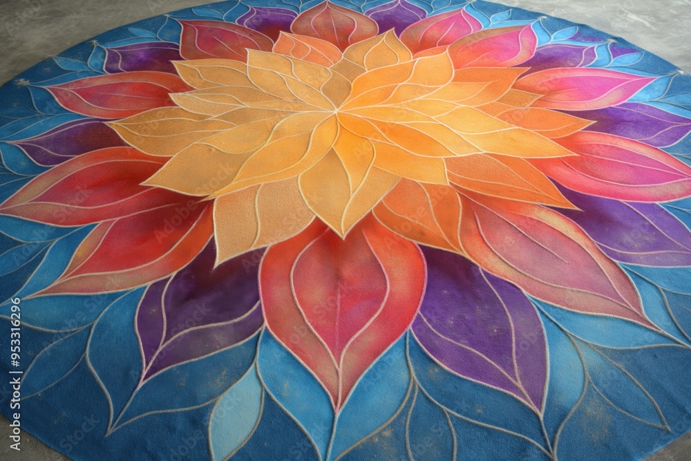 Poster large and colorful rangoli with a floral pattern, created on the floor using colored powders, as a t