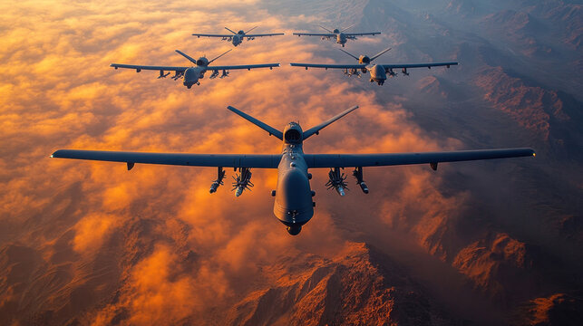 A fleet of unmanned aerial vehicles (UAVs) in formation, demonstrating the autonomous capabilities of drones in military operations.