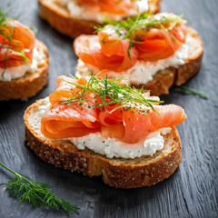 Baguette slices with cream cheese, smoked salmon and fresh dill