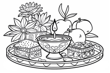 Intricate black and white illustration of a diwali thali, ready to be brought to life with color, capturing the essence of this vibrant hindu festival