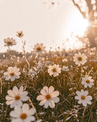 Fototapeta premium Wild daisies growing in a field at sunset