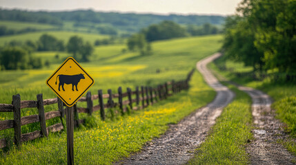 Bright yellow cattle crossing sign alerts drivers on a sunny rural road