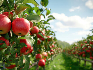 Rows of apple trees laden with ripe, red apples stretch into the distance under a bright blue sky. 