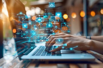 laptop screen displaying data analytics graph icon office desk surrounded other work material person using mouse check financial performance of their business company front view perspective scene