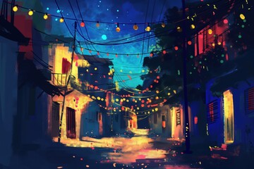 Colorful illustration of a street decorated with fairy lights at night, creating a festive and magical atmosphere