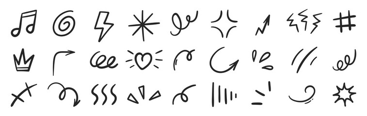 Line movement elements, heart, thunder, arrows and comic hand drawn cartoon icons. Outline vector illustration.