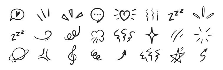 Line movement elements, hearts, sun, arrows and comic hand drawn cartoon icons. Outline vector illustration.