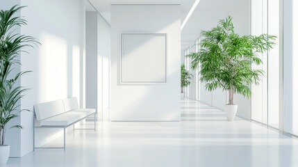 The interior design features a sleek and contemporary white corridor or hallway within a modern luxurious building. The space is designed with a minimalist approach, incorporating stylish waiting seat