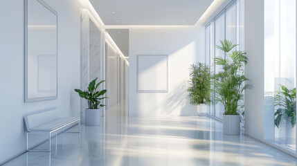 The interior design features a sleek and contemporary white corridor or hallway within a modern luxurious building. The space is designed with a minimalist approach, incorporating stylish waiting seat
