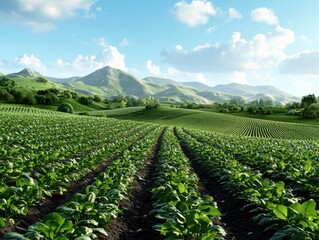 Fototapeta premium Serene Farmland: Rolling Hills and Lush Green Fields under a Bright Blue Sky 