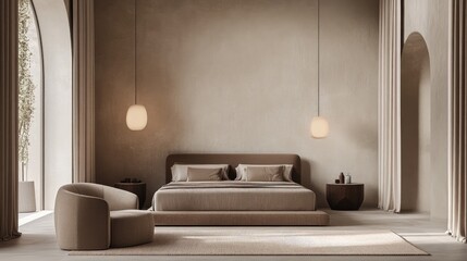 Minimalist bedroom with a bed, a chair, and two pendant lights.