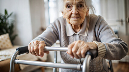 Elderly woman with serious expression using a walker in a cozy indoor setting
